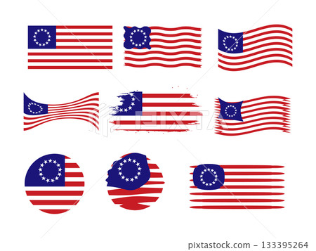 Betsy Ross Flag Icons Set - Historical 13 Stars USA Symbol Waving and Distressed. Betsy Ross Flag Icons Set - Historical 13 Stars USA Symbol Waving and Distressed. 133395264