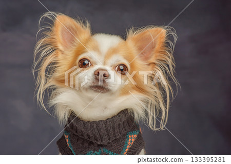 Chihuahua dog, white and red, in a black sweater on a dark background. Chihuahua dog, white and red, in a black sweater on a dark background. 133395281