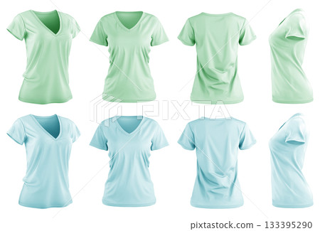 2 Set of woman pastel blue green tee t shirt v-neck slim cut, front back and side view on transparent background cutout, PNG file. Mockup 133395290
