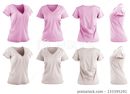2 Set of woman pastel pink beige tee t shirt v-neck slim cut, front back and side view on transparent background cutout, PNG file. Mockup 2 Set of woman pastel pink beige tee t shirt v-neck slim cut, front back and side view on transparent background cutout, PNG file. Mockup 133395291