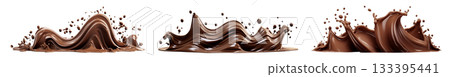 Set of long Wave chocolate liquid paint milk splash swirl on transparent background cutout, PNG file. Many assorted different design. Mockup template for artwork 133395441