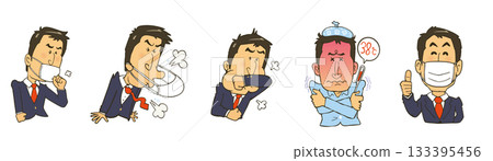 Illustration set of sick office workers. Sneezing, coughing, fever. 133395456