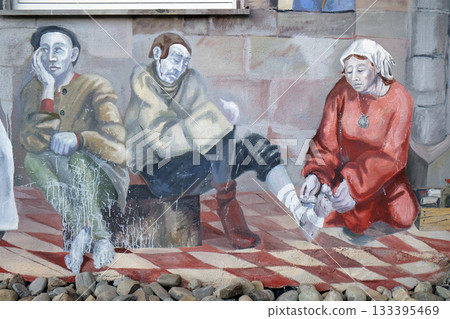 The scenes of pilgrims on their way to Santiago de Compostela, fresco by Sieger Koder on the wall of the pilgrimage house of St. James in Hohenberg, Germany 133395469