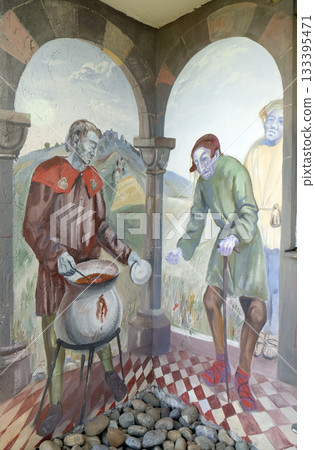 The scenes of pilgrims on their way to Santiago de Compostela, fresco by Sieger Koder on the wall of the pilgrimage house of St. James in Hohenberg, Germany The scenes of pilgrims on their way to Santiago de Compostela, fresco by Sieger Koder on the wall of the pilgrimage house of St. James in Hohenberg, Germany 133395471