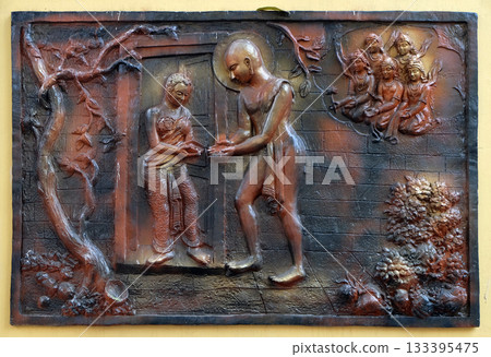 Accepting aims from Chandanbala for breaking fasts of five months and twenty five days with specific vows, Street bass relief on the wall of Jain Temple (also called Parshwanath Temple) in Kolkata, Accepting aims from Chandanbala for breaking fasts of five months and twenty five days with specific vows, Street bass relief on the wall of Jain Temple (also called Parshwanath Temple) in Kolkata, 133395475