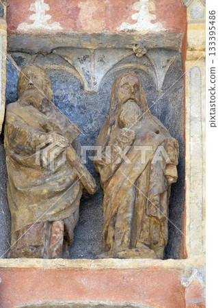Statues of saints on the south portal of the church of St. Mark in Zagreb, Croatia 133395486