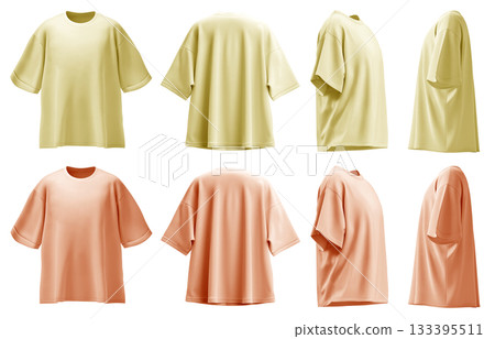 2 Set of pastel yellow orange oversized loose Drop Shoulder tee t shirt round neck front, back and side view on transparent background cutout, PNG file. Mockup template for artwork 133395511