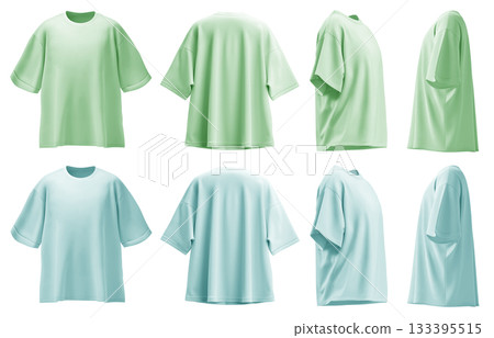 2 Set of pastel light green aqua blue oversized loose Drop Shoulder tee t shirt round neck front, back and side view on transparent background cutout, PNG file. Mockup template for artwork graphic 133395515
