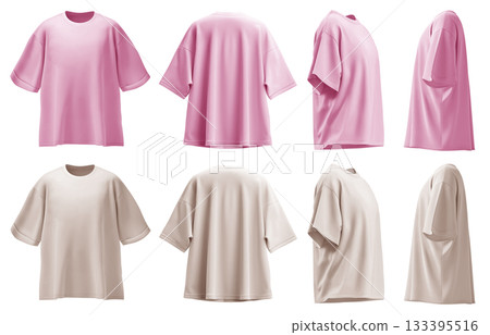 2 Set of pastel light pink beige oversized loose Drop Shoulder tee t shirt round neck front, back and side view on transparent background cutout, PNG file. Mockup template for artwork graphic 133395516