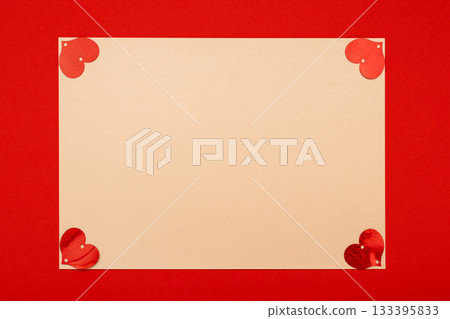 Valentines Day card mockup with red hearts on beige background Valentines Day card mockup with red hearts on beige background 133395833