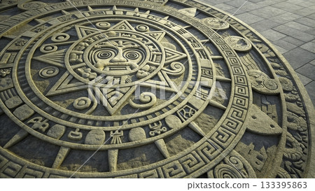 Intricate sun stone design on stone pavement depicting ancient symbols and carvings  133395863