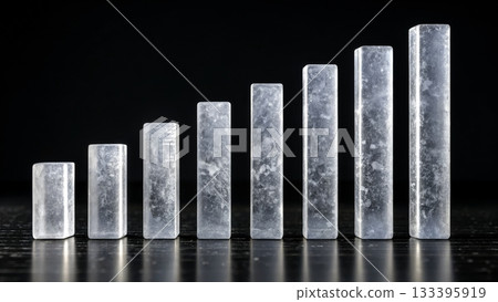 Different sizes of transparent crystals arranged in a gradient on a dark surface 133395919