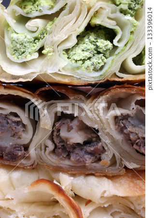 Burek pie with meat, cheese or spinach Burek pie with meat, cheese or spinach 133396014