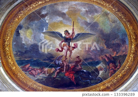 Saint Michael slaying the dragon by Eugene Delacroix, painting on the ceiling of the Saint Sulpice Church, Paris, France 133396289