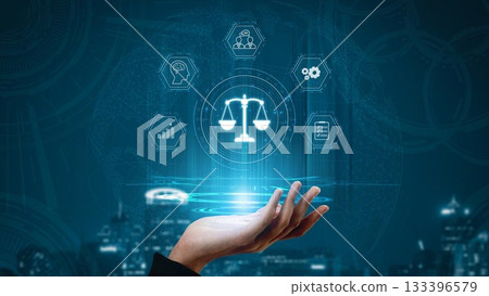 Digital law interface displaying justice scale, highlighting digital law Muxer 133396579