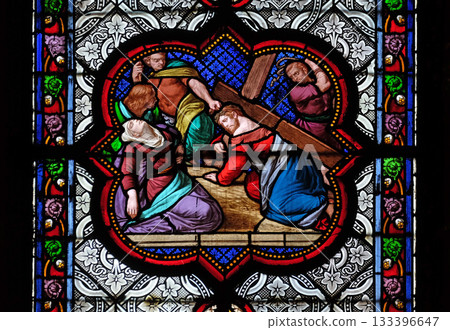 The climb to Calvary, stained glass window in the Basilica of Saint Clotilde in Paris, France The climb to Calvary, stained glass window in the Basilica of Saint Clotilde in Paris, France 133396647