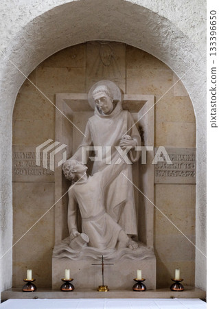 Saint Mauro rescues young Placidus from drowning, altar in Munsterschwarzach Abbey, Benedictine monastery, Germany Saint Mauro rescues young Placidus from drowning, altar in Munsterschwarzach Abbey, Benedictine monastery, Germany 133396650