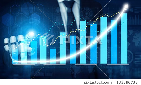 Businessman Analyzing Increasing Graph on Digital Screen with Charts and Data Visualization in Modern Office Environment for Financial Growth Copula 133396733