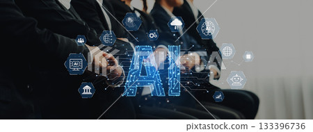 Conference Scene with Professionals Discussing Artificial Intelligence Concepts with Futuristic Graphics Representing Technology and Innovation Trope Conference Scene with Professionals Discussing Artificial Intelligence Concepts with Futuristic Graphics Representing Technology and Innovation Trope 133396736