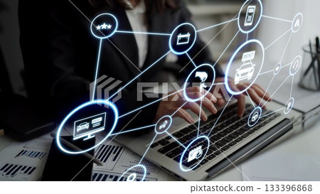 Online car rental service with digital booking and vehicle sharing icons Funnel 133396868