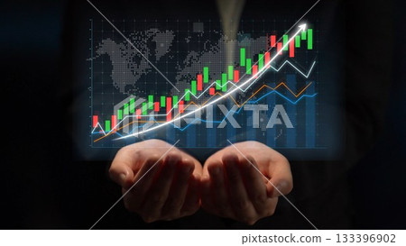 Dynamic financial growth concept with a stock market chart and hands holding rising trends on a dark background, symbolizing investment success and opportunity Copula Dynamic financial growth concept with a stock market chart and hands holding rising trends on a dark background, symbolizing investment success and opportunity Copula 133396902