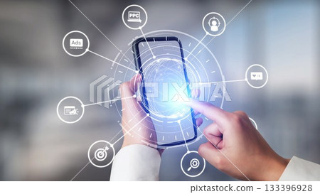 Marketing online strategy with digital advertising, PPC, social media and SEO icons Gist 133396928