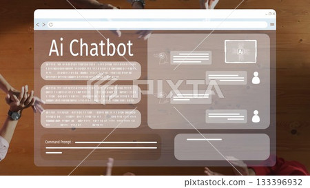 Interactive AI Chatbot Interface Displaying Conversations on a Desktop with Hands Engaging in Brainstorming Activities and Ideas in a Team Environment. Raster 133396932