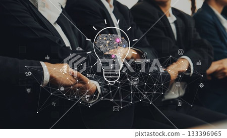 Business conference with creative light bulb idea symbol and digital icons representing innovation and technology in modern corporate environment. Raster Business conference with creative light bulb idea symbol and digital icons representing innovation and technology in modern corporate environment. Raster 133396965