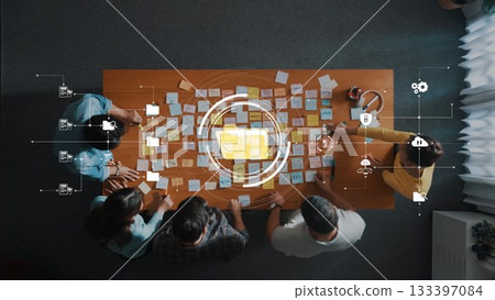 Collaborative Meeting with Sticky Notes and Technology Overhead View, Brainstorming Ideas and Solutions in a Modern Workspace Environment. Raster Collaborative Meeting with Sticky Notes and Technology Overhead View, Brainstorming Ideas and Solutions in a Modern Workspace Environment. Raster 133397084