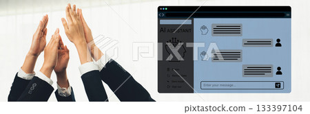 Hands of diverse business people celebrating success with an AI assistant interface in a modern office environment, showcasing teamwork and technology innovation. Trope 133397104