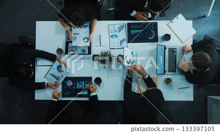 Top view of business people discussing about financial strategy. Directorate. 133397105