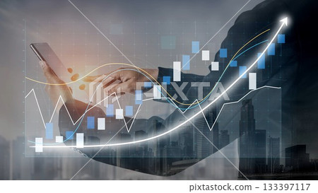 Business person holding smartphone with stock market graphs and city skyline in the background, demonstrating investment growth and financial success Copula 133397117