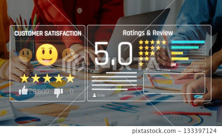 Customer Satisfaction Measurement with Emoji Feedback and High Ratings Review Display on Colorful Desk with Charts and Papers. Raster Customer Satisfaction Measurement with Emoji Feedback and High Ratings Review Display on Colorful Desk with Charts and Papers. Raster 133397124