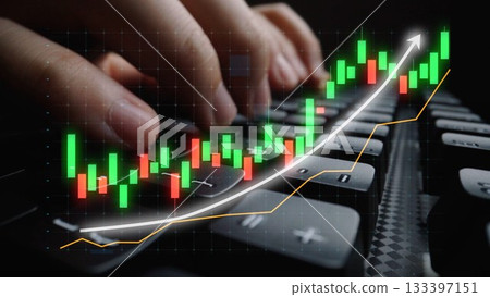 Hands typing on a keyboard with financial chart overlay showcasing upward trend and colorful candlestick indicators, symbolizing trading and investment growth Copula Hands typing on a keyboard with financial chart overlay showcasing upward trend and colorful candlestick indicators, symbolizing trading and investment growth Copula 133397151