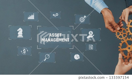 Hands Collaborating to Manage Assets with Business Icons on Gray Background for Financial Strategy and Investment Presentation. Raster 133397154