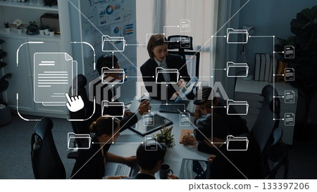 Business team collaborating in a modern office environment with digital workflow overlay showcasing document management and information sharing process. Raster Business team collaborating in a modern office environment with digital workflow overlay showcasing document management and information sharing process. Raster 133397206
