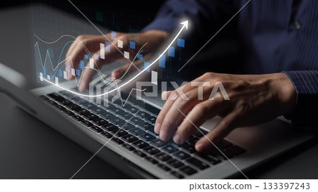Businessman Analyzing Data Trends on Laptop with Graphs and Charts Showing Growth and Progress in Financial Sector, Close-up Shot of Hands Typing Copula Businessman Analyzing Data Trends on Laptop with Graphs and Charts Showing Growth and Progress in Financial Sector, Close-up Shot of Hands Typing Copula 133397243