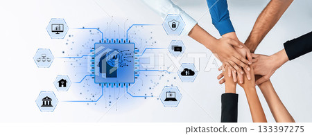Diverse Hands Collaborating Around AI Technology Graphic Illustrating Future Innovations and Cooperation in Technology, Business, and Society Trope 133397275