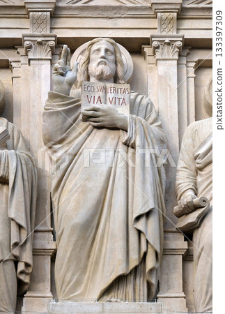Jesus Christ, statue on the facade of Saint Augustine church in Paris, France Jesus Christ, statue on the facade of Saint Augustine church in Paris, France 133397309