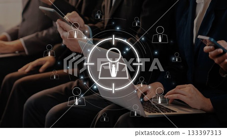 Digital Networking Concept with People Connecting through Technology and Icons, Focus on Professional Business Interaction and Modern Communication Strategies. Raster 133397313
