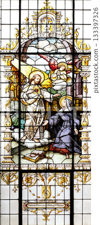 Jesus and Saint Margaret Mary Alacoque, stained glass window in the Basilica of the Sacred Heart of Jesus in Zagreb, Croatia Jesus and Saint Margaret Mary Alacoque, stained glass window in the Basilica of the Sacred Heart of Jesus in Zagreb, Croatia 133397326