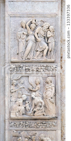 Escape of Loth by Niccolo Tribolo up and Birth of Esau and Jacob by Alfonso Lombardi down, left door of San Petronio Basilica in Bologna, Italy Escape of Loth by Niccolo Tribolo up and Birth of Esau and Jacob by Alfonso Lombardi down, left door of San Petronio Basilica in Bologna, Italy 133397336