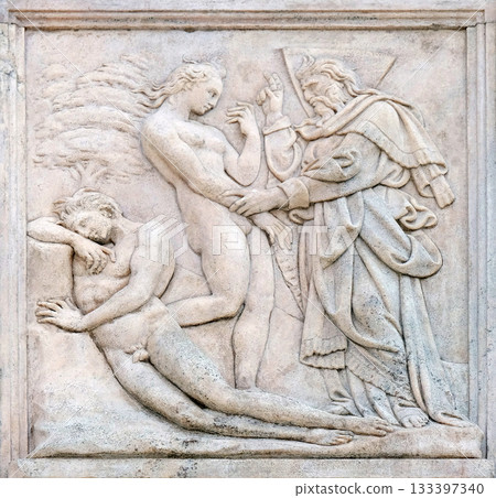 Creation of Eve, Genesis relief on portal of Saint Petronius Basilica in Bologna, Italy Creation of Eve, Genesis relief on portal of Saint Petronius Basilica in Bologna, Italy 133397340