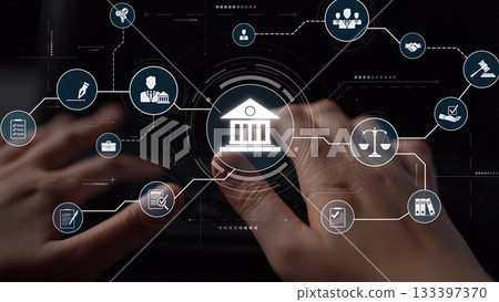 Digital law interface displaying justice scale, highlighting digital law Muxer 133397370