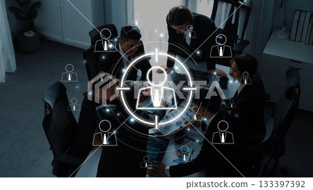 Business Team Collaborating in Modern Office with Digital Networking Graphics Illustrating Communication and Connection Among Professionals. Raster Business Team Collaborating in Modern Office with Digital Networking Graphics Illustrating Communication and Connection Among Professionals. Raster 133397392