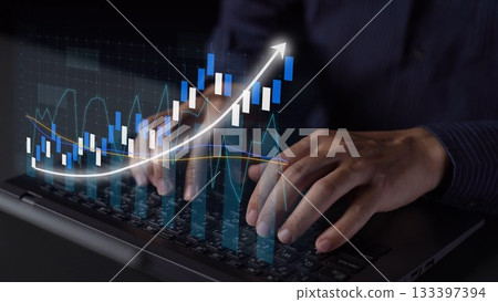 Hands typing on laptop keyboard with growth graph overlay, representing finance, investment, technology, and data analysis in modern business environment Copula 133397394