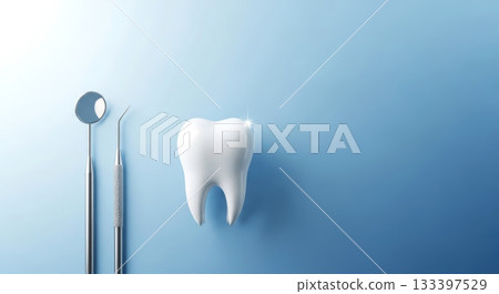 Tooth with dental tools on blue background. Clean and minimal concept of oral health and hygiene. 133397529