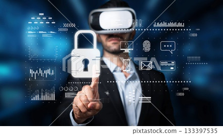 Business Professional Using Virtual Reality Headset for Secure Data Management and Cybersecurity in Modern Digital Environment. Raster 133397535
