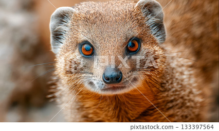 Curious mongoose staring at camera, close-up wildlife portrait with bright amber eyes 133397564