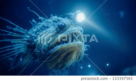 Bioluminescent anglerfish with glowing lure in deep sea, close-up of predatory deep sea creature Bioluminescent anglerfish with glowing lure in deep sea, close-up of predatory deep sea creature 133397565